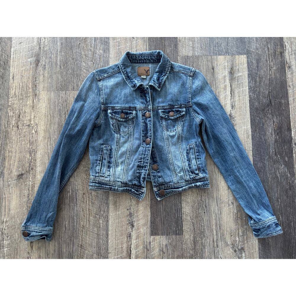 American Eagle Outfitters Women Medium Wash Distressed Denim Jacket Small S/P